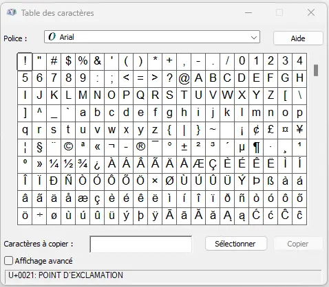 table des caracteres ou charmap